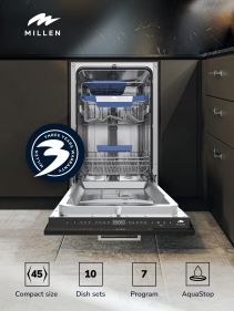 MILLEN Built-in Dishwasher 45cm - Compact and Efficient, Auto Open, AquaStop, 3Y Warranty, MDW 45731.