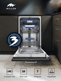 MILLEN Built-in Dishwasher 45cm - Compact and Efficient, Auto Open, Indicator,AquaStop, 3Y Warranty, MDW 45731.